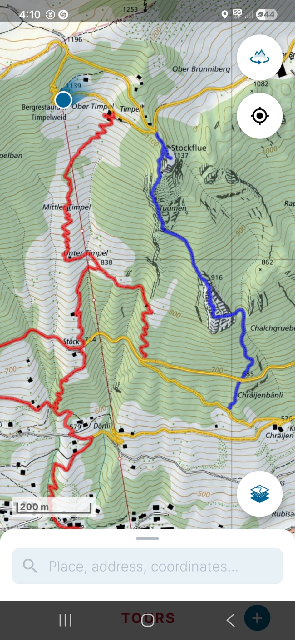 SwissTopo-Screenshot mit der blauen Alpinroute über Stockflue 1137 und Bergrestaurant Timpelweld
